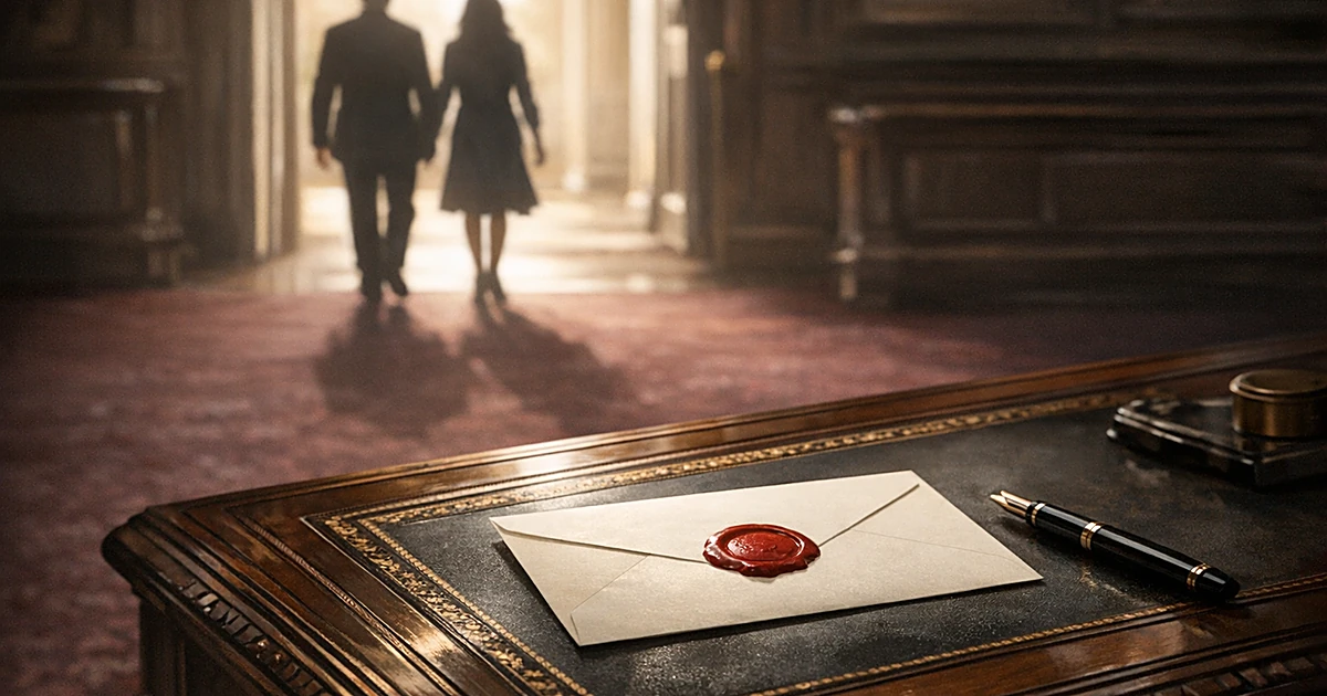Official letter with wax seal on desk as two silhouettes walk toward sunlit doorway in palace interior