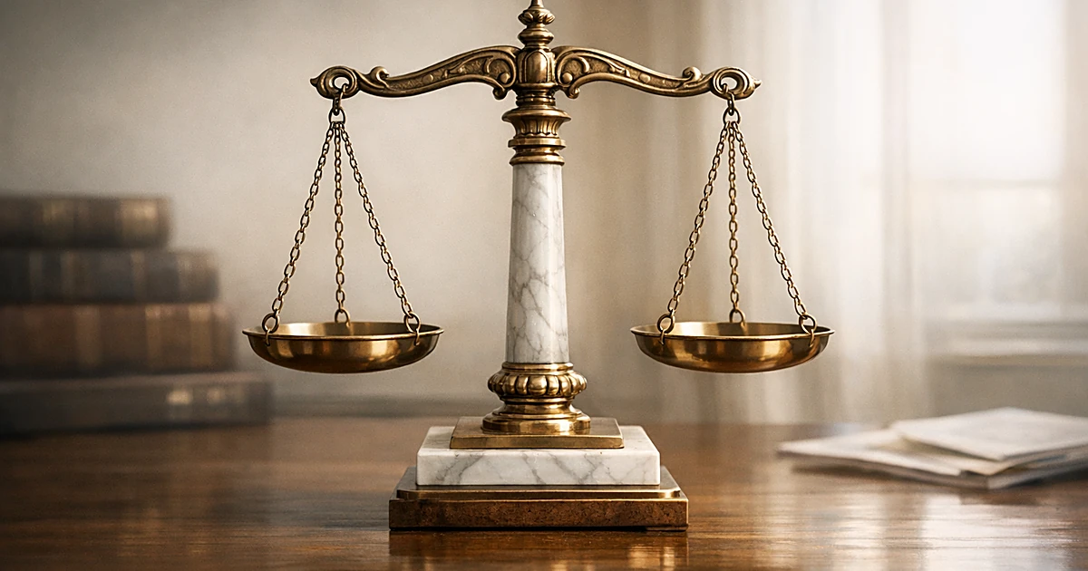 Balanced scales of justice on wooden surface with soft natural lighting