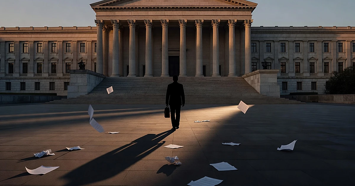 Silhouetted person with briefcase walking away from government building at sunset with papers scattered on ground