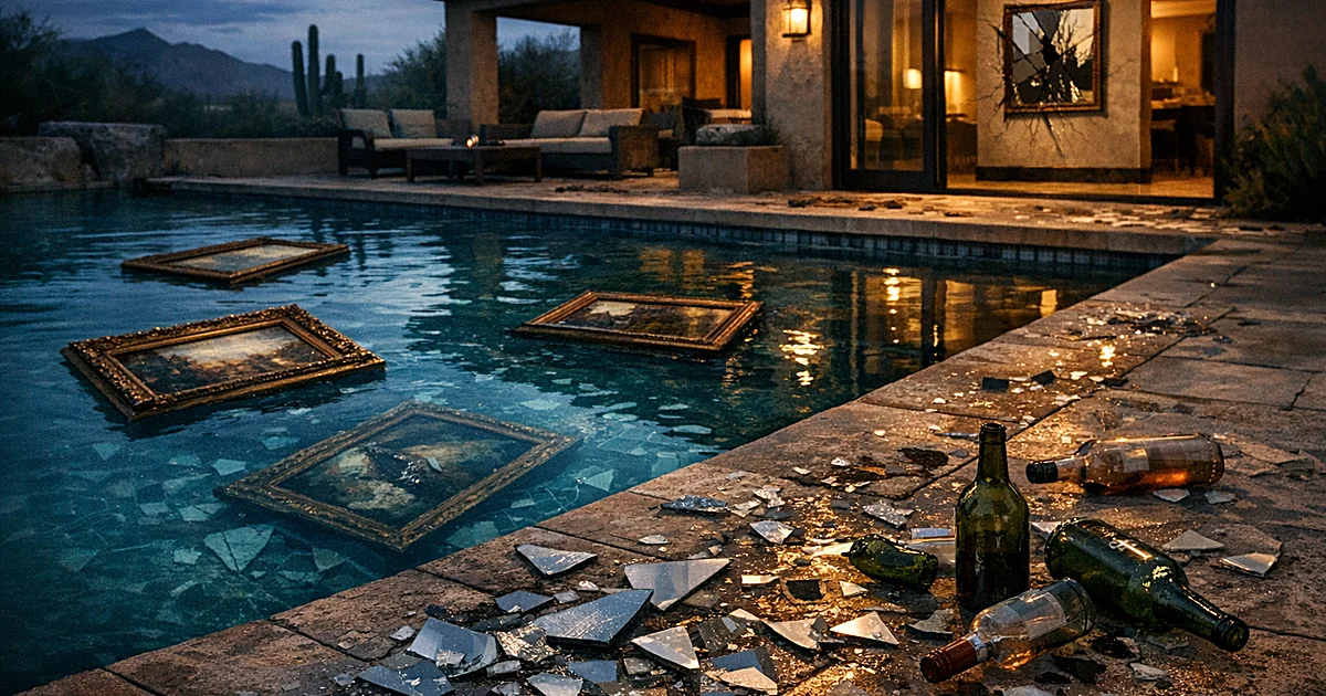 Damaged paintings floating in swimming pool with broken glass and mirror fragments scattered on deck