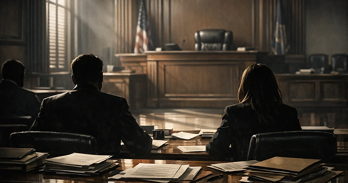 Silhouetted attorneys at defense table in courtroom with documents, viewed from behind with dramatic window lighting