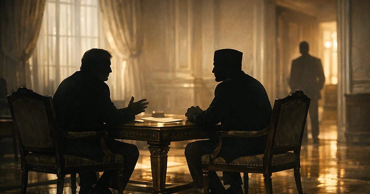 Two silhouetted figures seated at table in historic room having formal meeting, viewed from behind