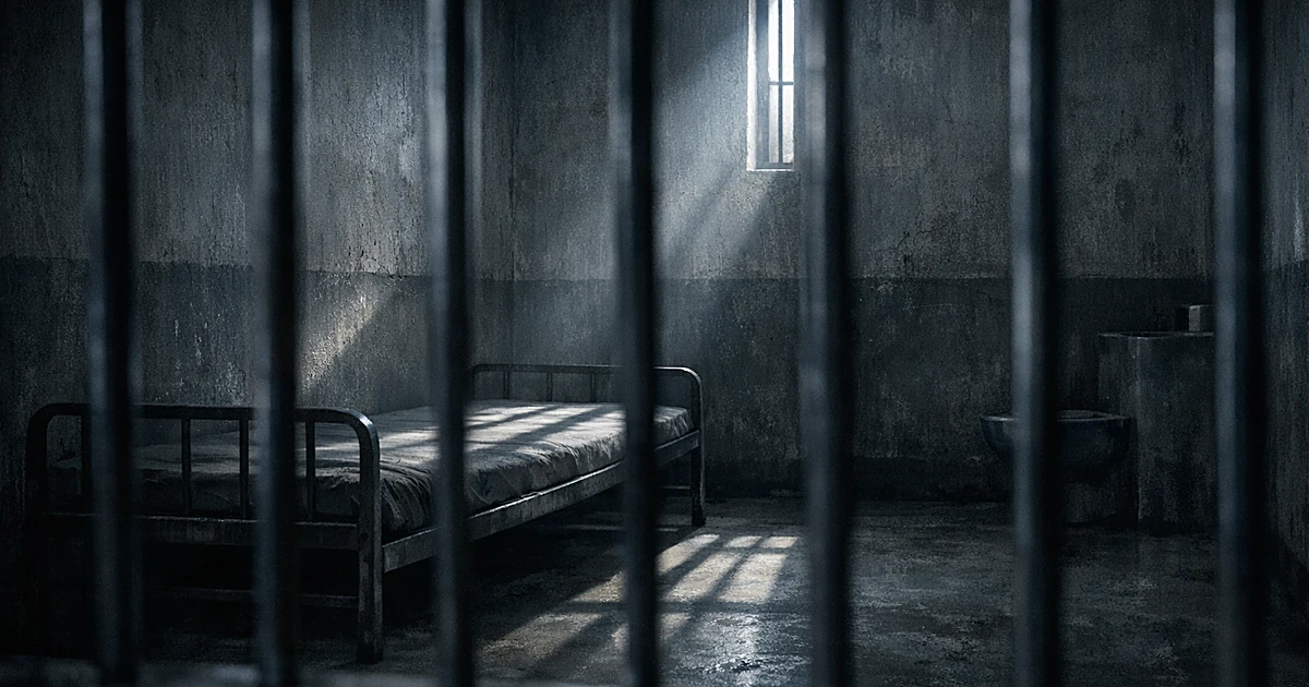 Empty prison cell viewed through bars with metal bed frame and narrow window casting shadows on concrete walls