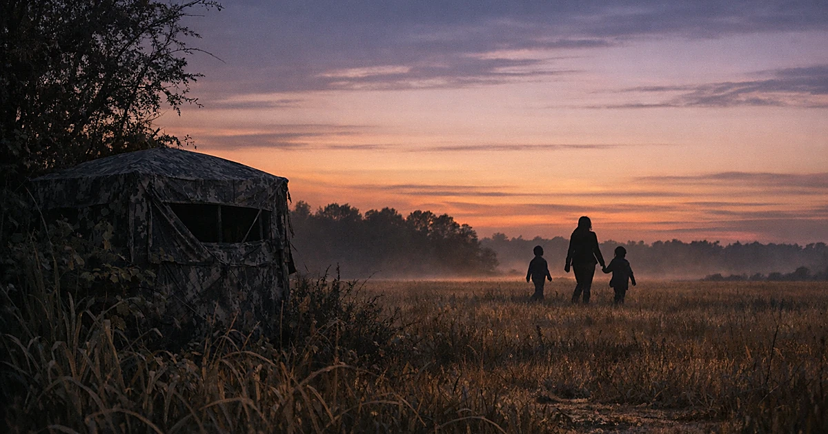 Silhouettes walking through a field at dusk with a hunting blind visible in tall grass under a twilight sky