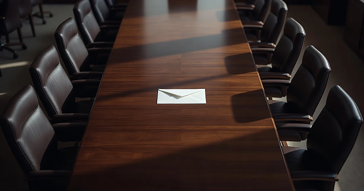 Empty conference table with chairs on opposite sides and a sealed envelope in the center, suggesting diplomatic tension