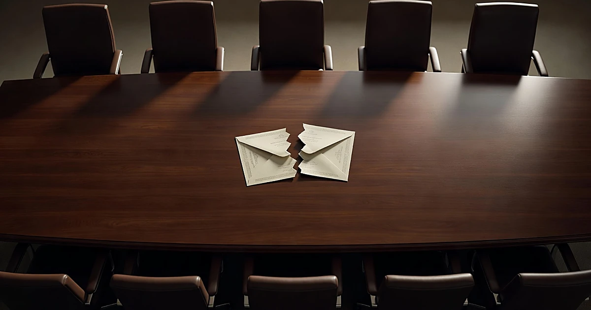 Conference table with chairs on opposite sides and a torn invitation envelope in the center