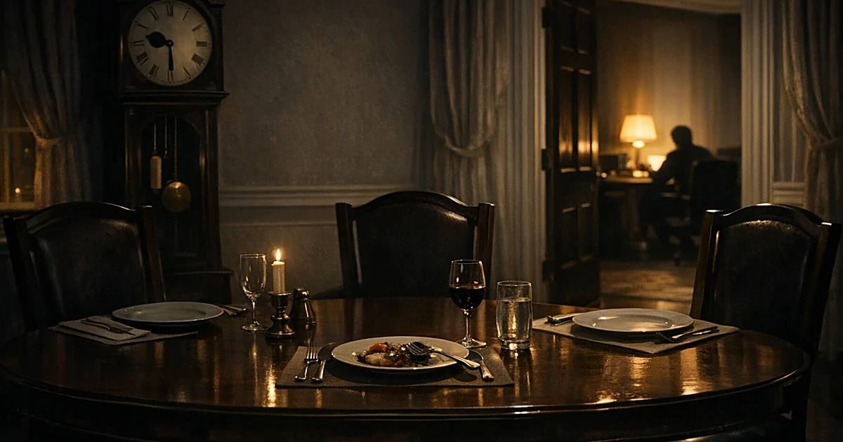 Empty formal dining table with one used place setting and two untouched settings, clock showing 9:30, distant office light