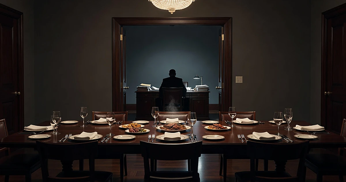 Empty dining table with place settings in foreground, silhouette of person working at distant desk through doorway