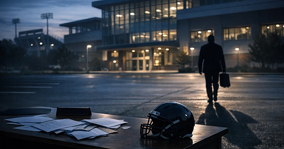 Silhouetted figure leaving football facility with abandoned desk and papers in foreground at dusk