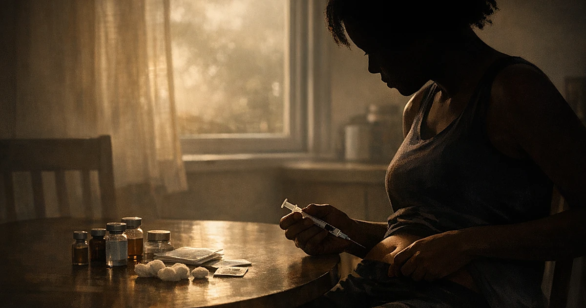 Silhouette of woman self-administering injection at kitchen table with medical supplies in morning light