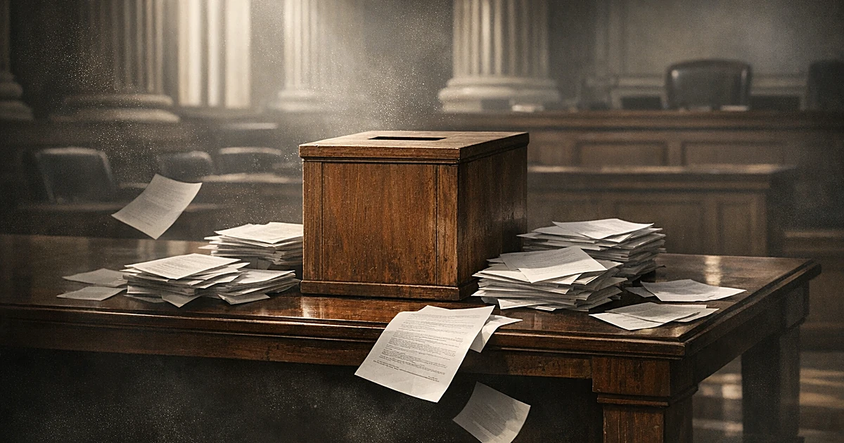 Ballot box on table with petition papers falling away in empty government chamber with dramatic lighting