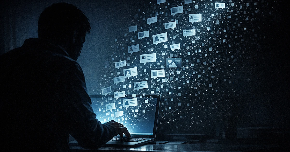 Silhouette at computer deleting floating social media posts that dissolve into particles in dark room