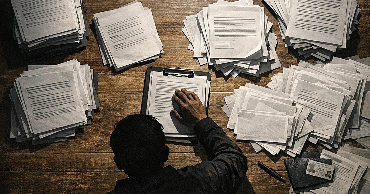 Overhead view of petition papers on table with silhouetted hand reaching toward documents during ballot review process