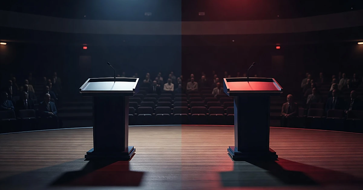 Two empty debate podiums on stage lit by contrasting blue and red lights, viewed from behind toward empty seats