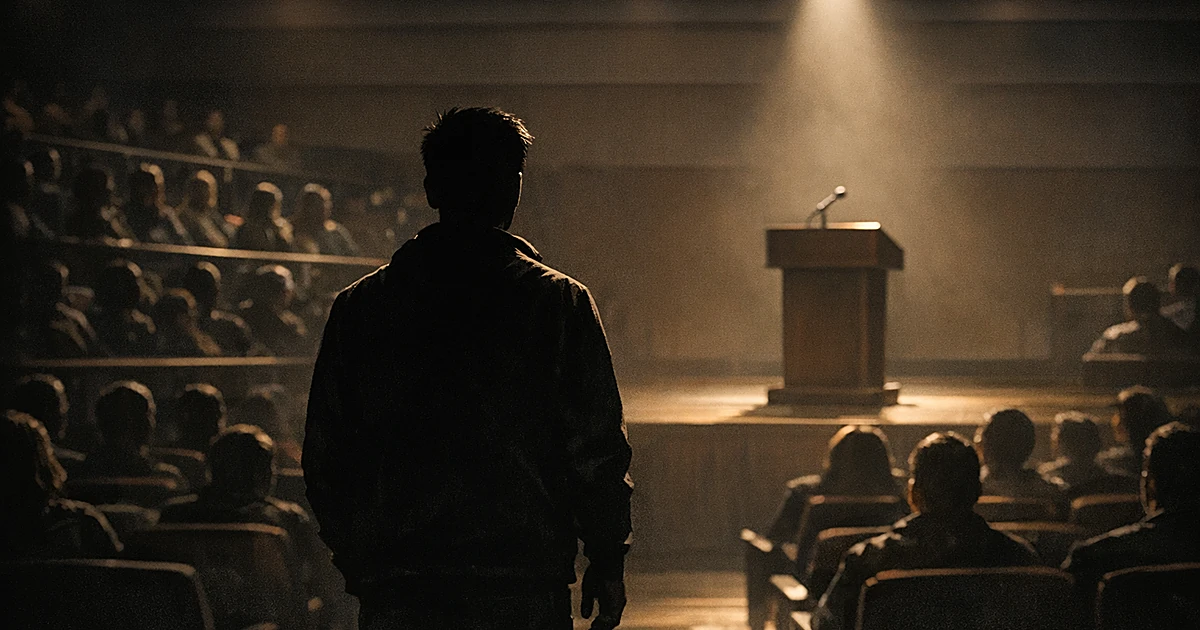 Silhouetted student standing to address a figure at podium in university auditorium with seated audience