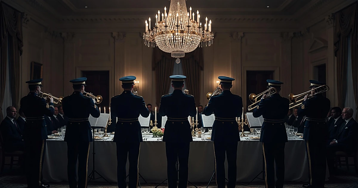Military band silhouettes performing in formal dining room with elegant table setting and chandelier overhead