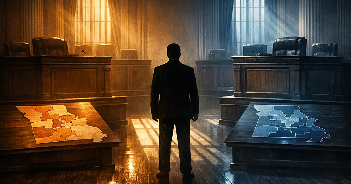 Silhouetted figure stands between two judge's benches in courtroom with two different Missouri district maps on floor