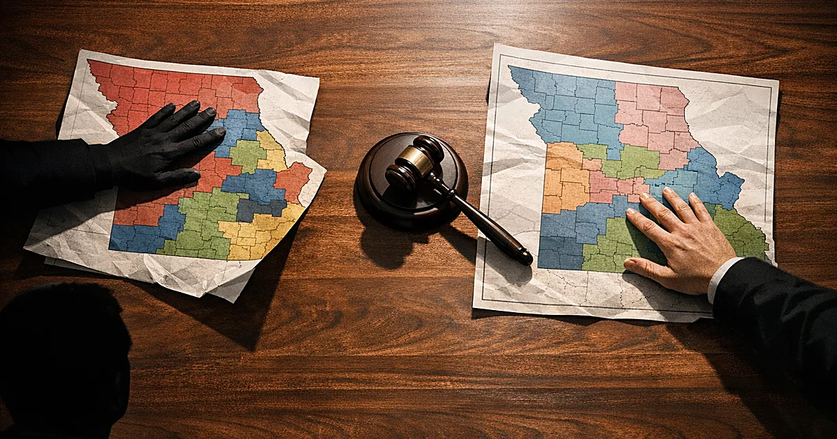Two Missouri maps on a table with silhouetted hands reaching for each, a gavel between them in dramatic lighting
