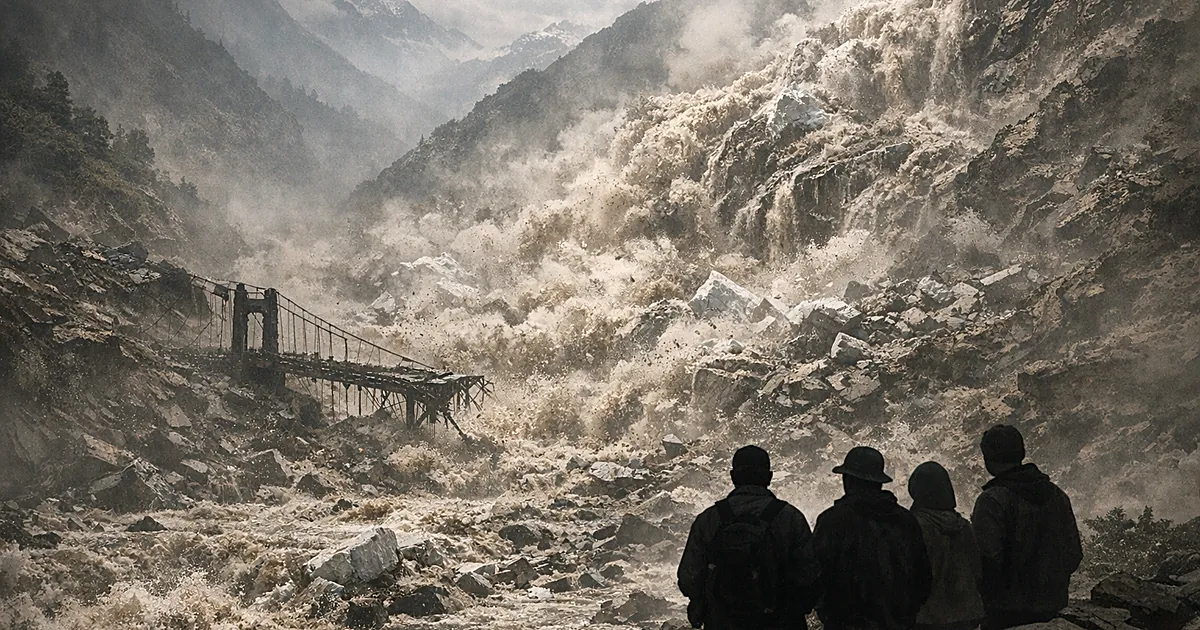 Silhouetted figures observe glacier collapse flooding a Himalayan river valley with destroyed bridge and debris