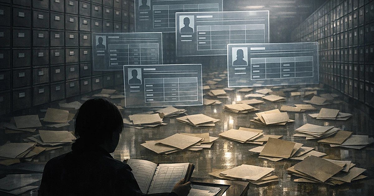 Empty folders scattered before filing cabinets with silhouetted figure examining records and floating database screens