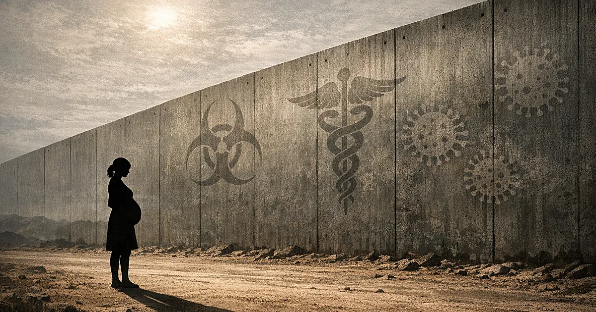 Silhouette of pregnant woman standing before massive border wall with medical symbols embedded in concrete texture