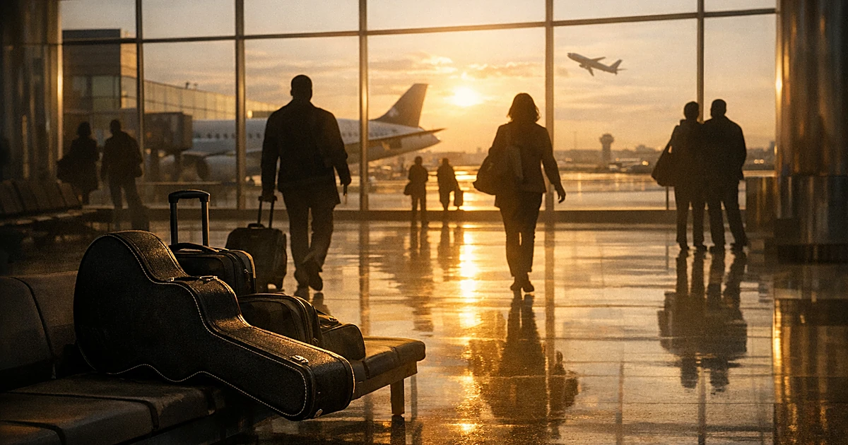 Airport terminal silhouettes with guitar case on bench, sunlight streaming through windows