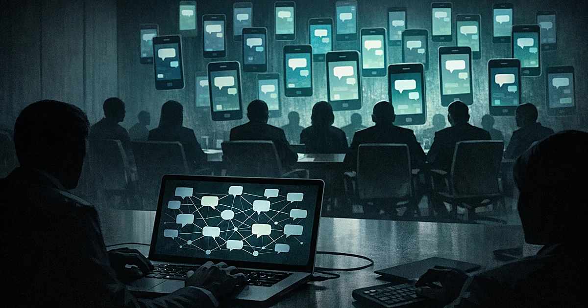 Silhouetted figures at table facing floating smartphone screens with laptop showing network of message threads