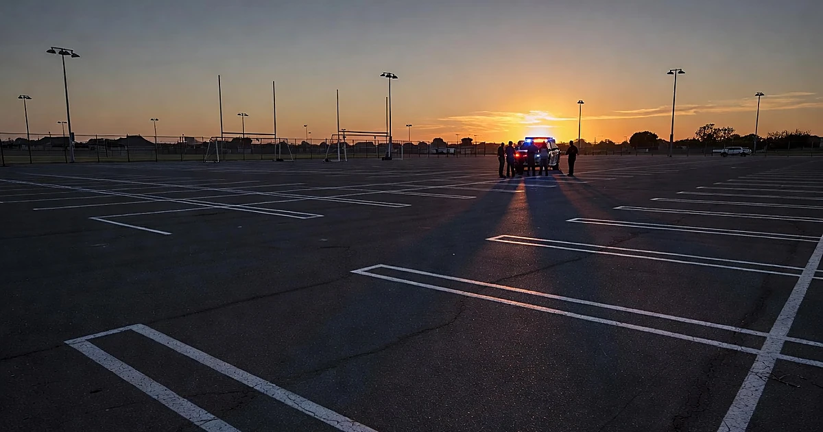 Empty sports complex parking lot at dusk with emergency vehicle lights and silhouetted first responders