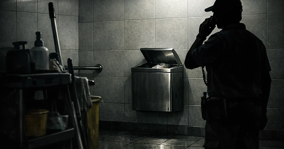 Silhouetted cleaning worker standing near wall-mounted sanitary bin in airport restroom with cleaning equipment nearby