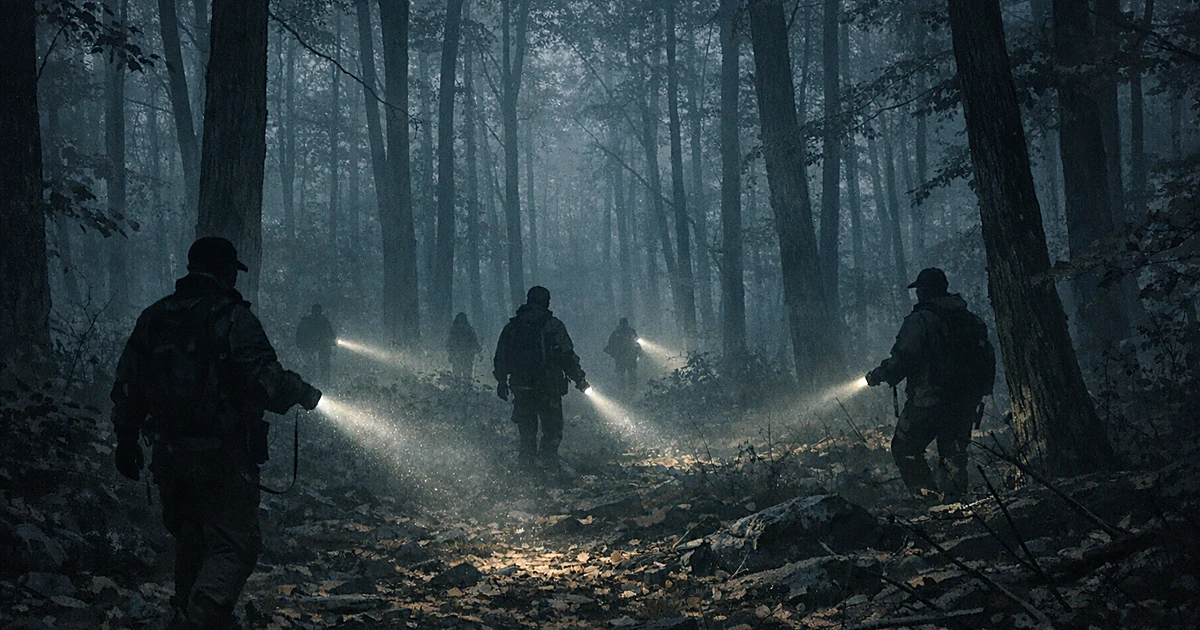 Silhouettes of search team members with flashlights moving through a dense wooded area at dusk in upstate New York
