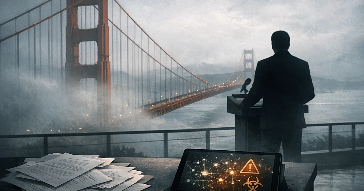 Silhouetted speaker at podium with suspension bridge in fog, documents and digital device showing network patterns