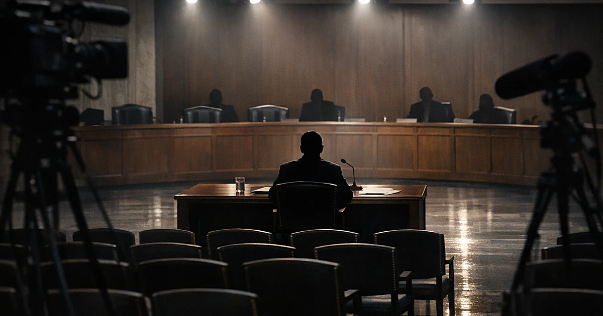 Empty Senate hearing room with single witness silhouette facing mostly vacant committee desks under dramatic lighting