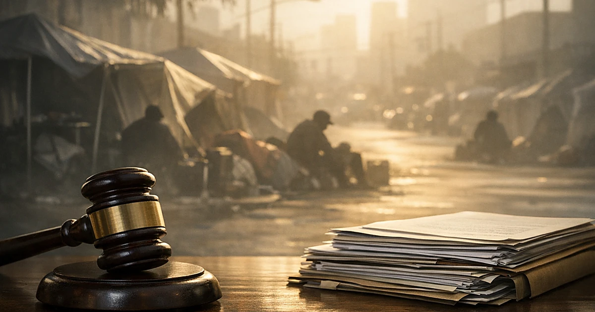 Judicial gavel with documents in foreground, silhouettes of homeless encampment with tents in background