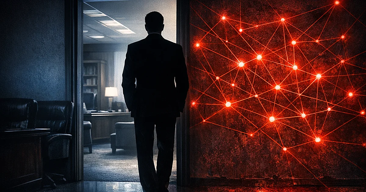 Silhouetted figure between congressional office and glowing red network web suggesting infiltration and hidden connections