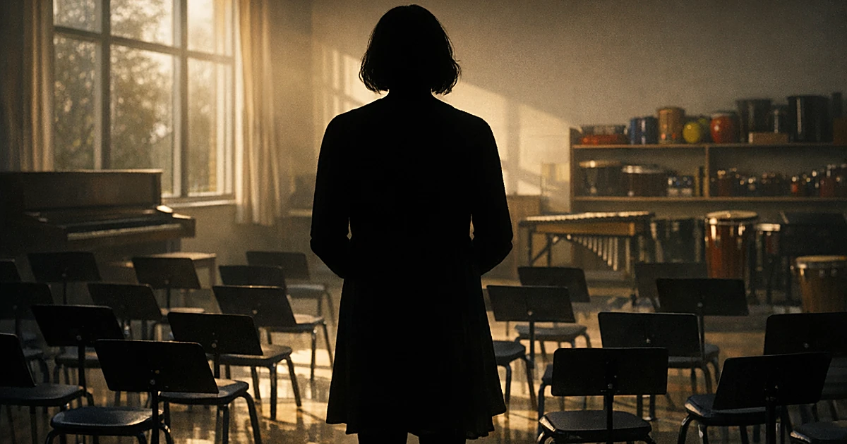 Silhouette of person standing in elementary school music classroom with empty chairs and instruments