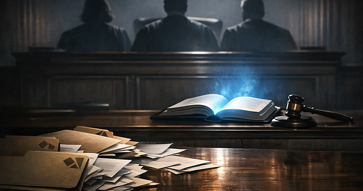 Judge's bench with glowing law book and scattered folders in a darkened courtroom with three robed silhouettes