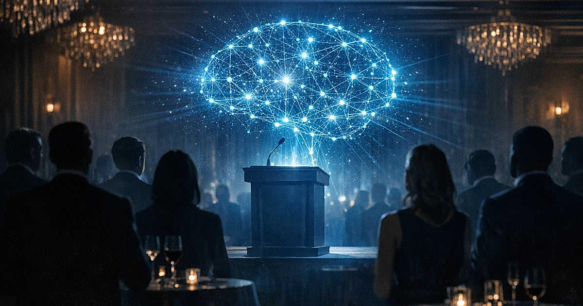 Silhouetted figures at fundraiser with glowing AI neural network hologram casting blue light in darkened venue