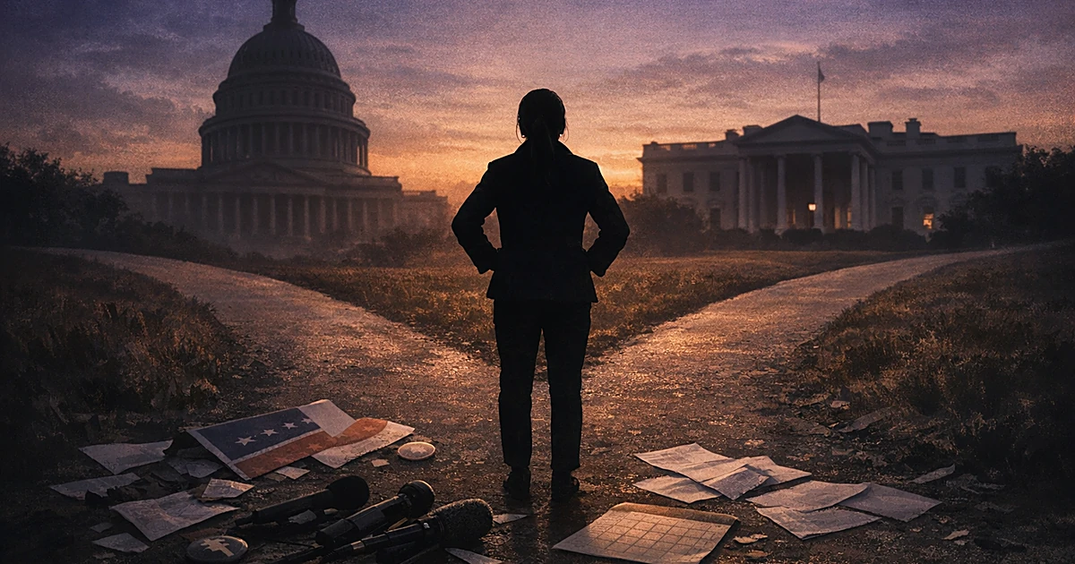 Silhouette at crossroads between two government buildings with campaign materials scattered at their feet