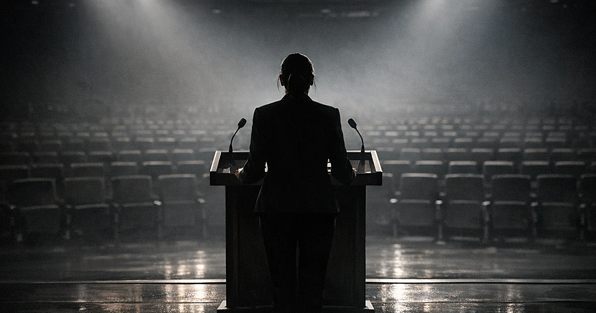Silhouetted figure at podium facing empty auditorium seats with dramatic stage lighting creating long shadows
