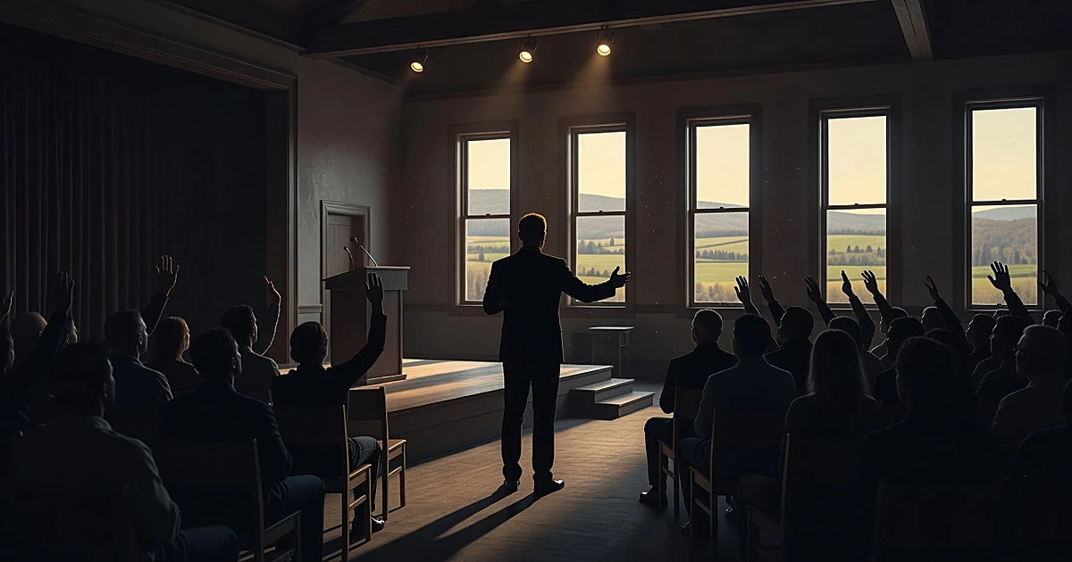 Silhouetted speaker at podium addressing crowd shown from behind in upstate New York community hall