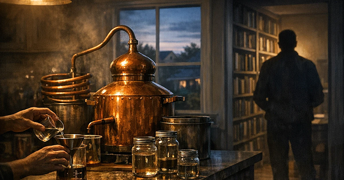 Home kitchen with copper distilling equipment and mason jars on counter, hands measuring liquid, silhouette in background