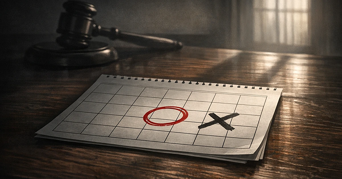 Calendar on courtroom table showing circled date and adjacent crossed-out date with gavel silhouette in background