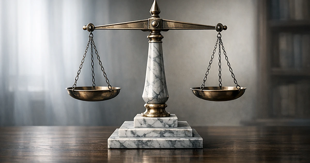 Abstract marble scales of justice on wooden surface with natural lighting
