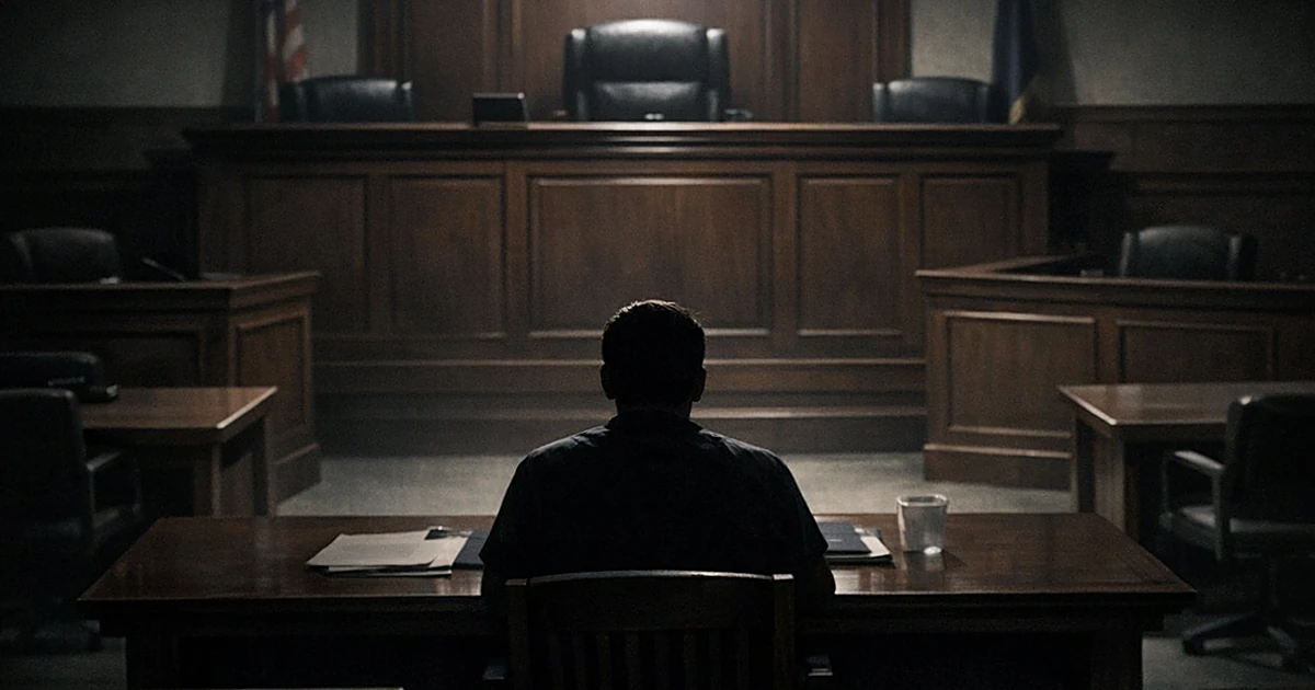 Silhouetted figure seated alone at courtroom table facing judge's bench in dramatic lighting