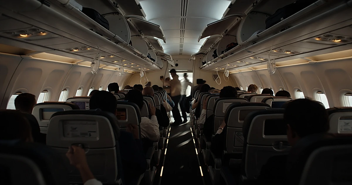 Aircraft cabin interior tilted at severe angle with oxygen masks deployed and silhouetted passengers bracing