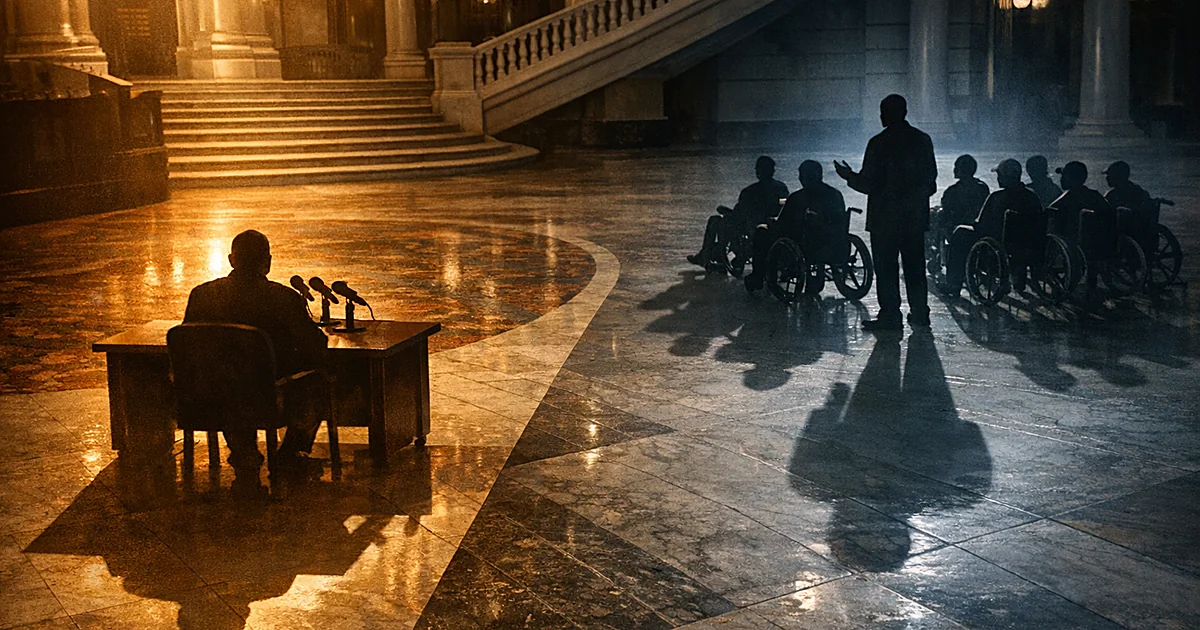 Split scene showing contrasting shadows of media appearance versus empty meeting room with wheelchair silhouettes