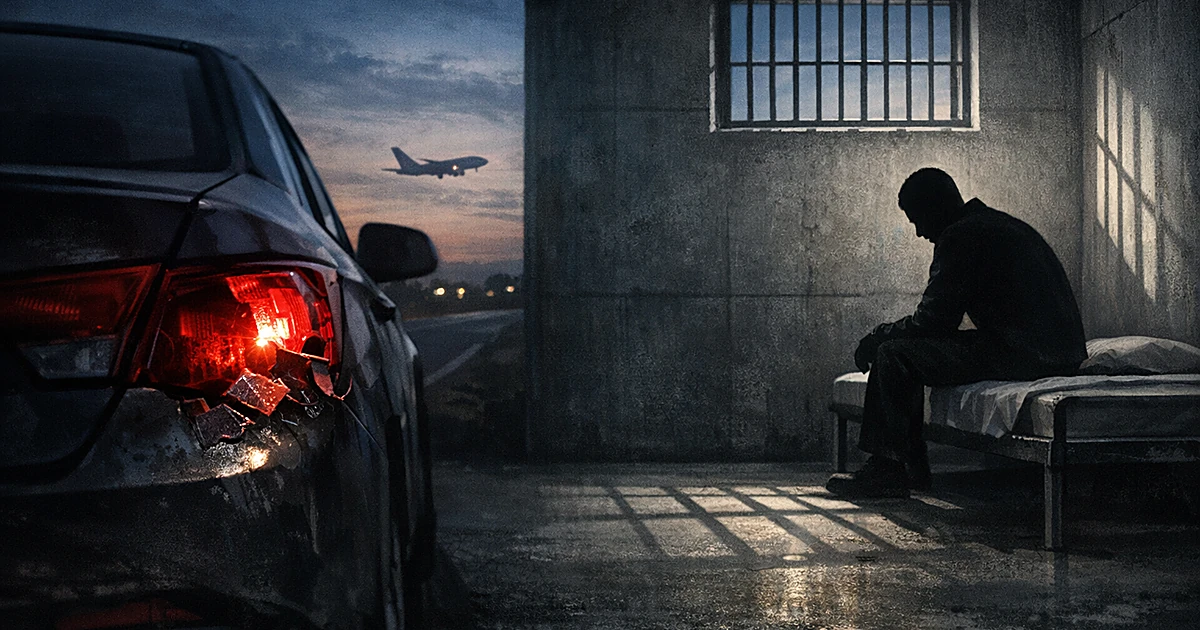 Silhouette in detention cell with barred window showing airplane in sky, broken car taillight in foreground