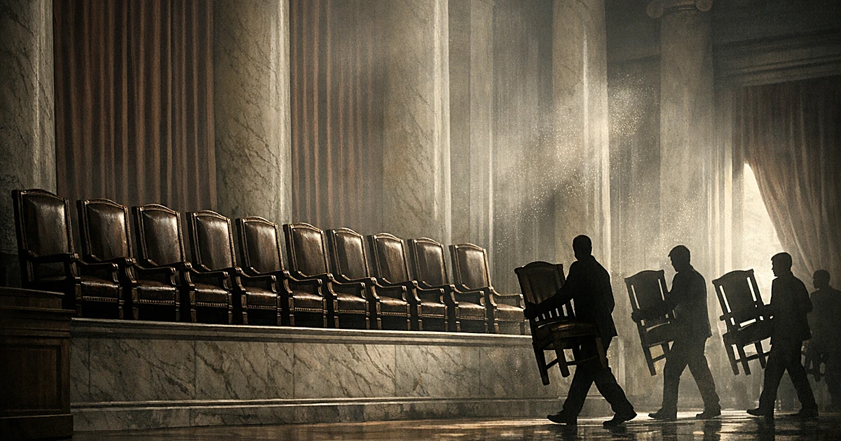Empty judicial chairs on a bench with silhouetted figures carrying additional chairs into a columned courthouse interior