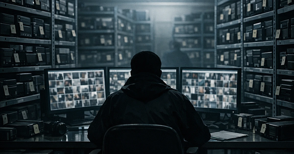 Silhouetted investigator reviewing digital evidence on multiple monitors in a room filled with storage devices