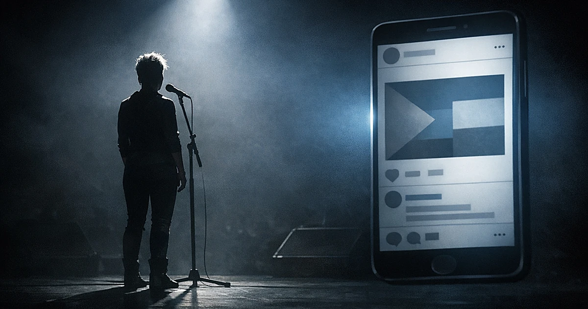 Silhouetted performer at microphone with floating smartphone screen showing social media interface in moody lighting